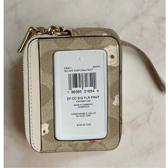 Coach Zip Card Case Pink Floral CR971 ID Wallet Beige Canvas Leather Chain Strap - Picture 2 of 8
